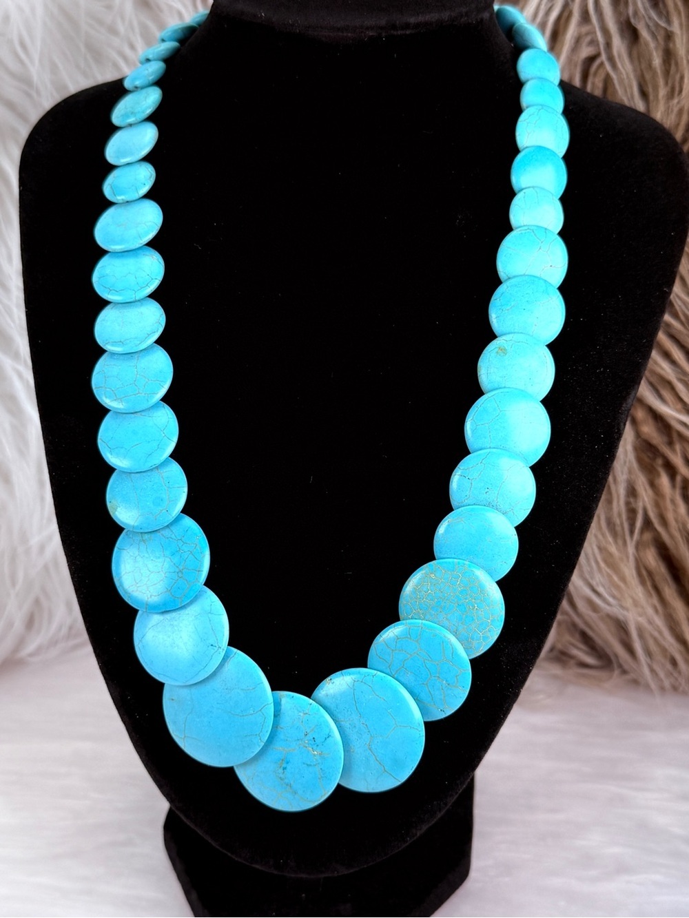 Blue Coin Bead Statement Necklace Long Boho Southwestern Costume Jewelry